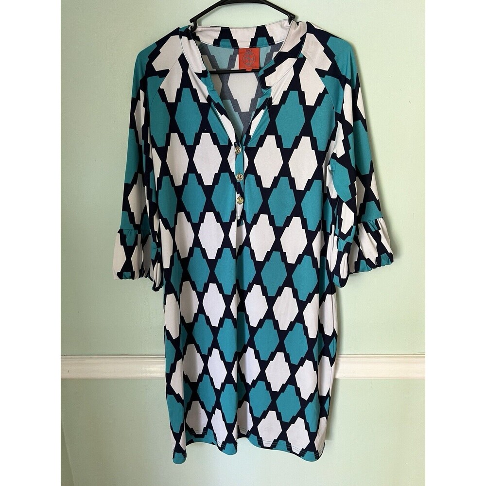 Tracy Negoshian Blue and White 3/4 Sleeve Midi Dress Size XL Catalina Stretch